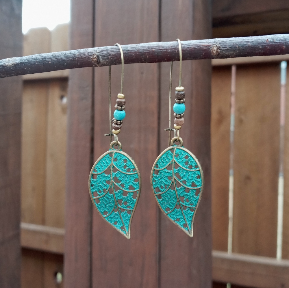 Boho Beaded Leaf Drop Earrings